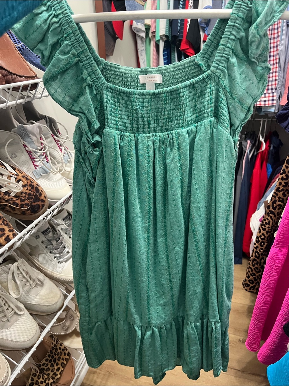 Women's Green Off-Shoulder Smocked Dress